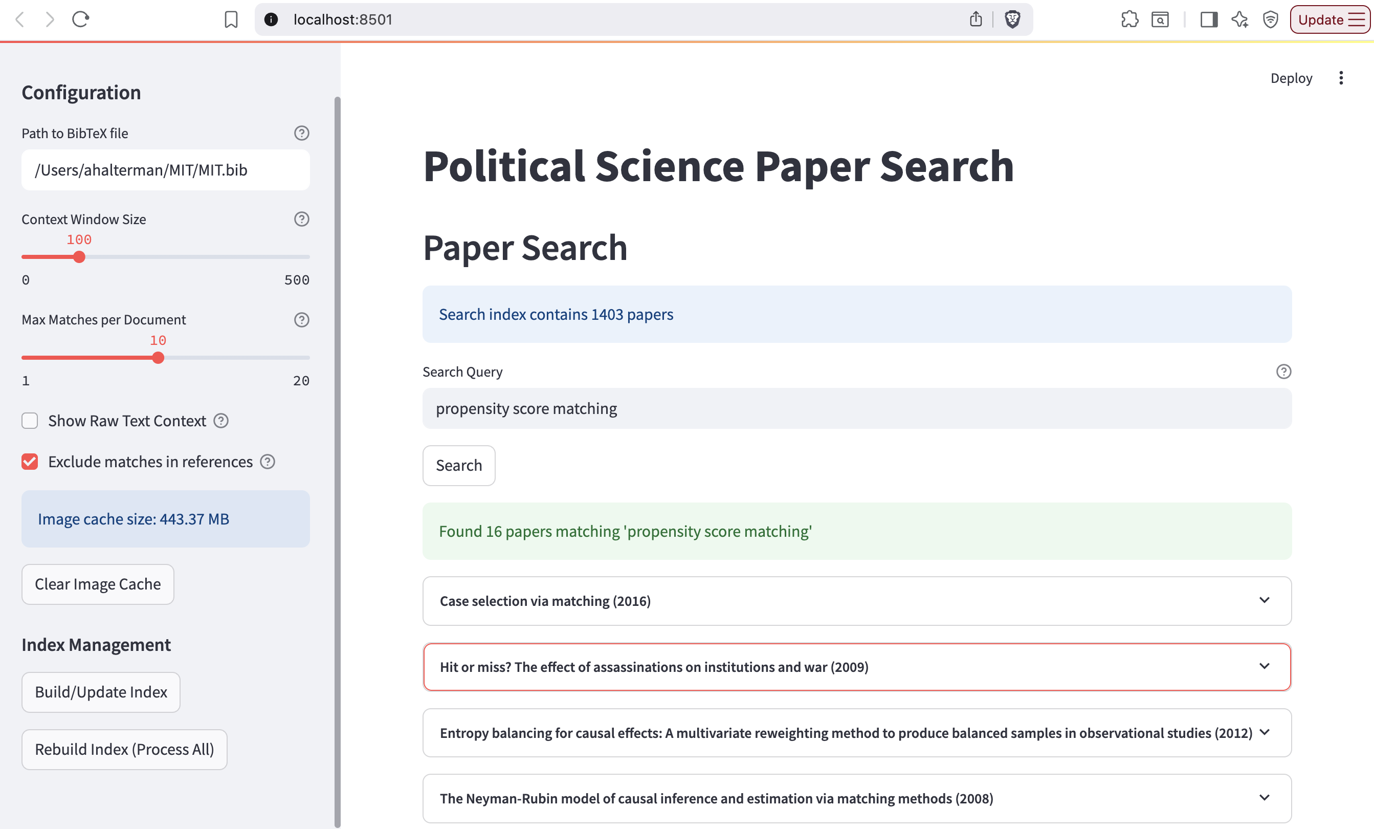 Main interface for the search tool. The side bar has options for the path to the .bib file, the number of search results to return, and options to generate or update the text index. The main panel shows a search term, “propensity score matching”, and the first few results.