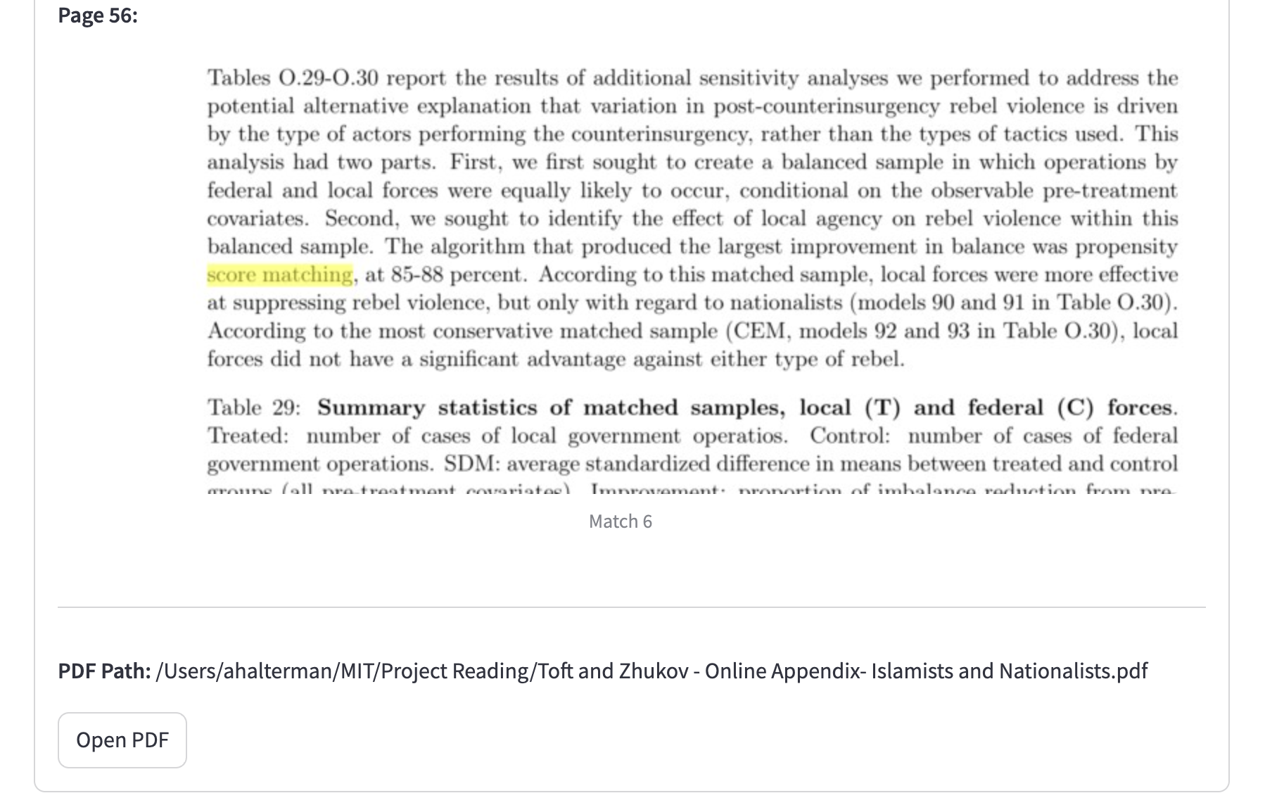 Screenshot showing an expanded result from the search, showing a PDF where “propensity score matching” is highlighted.